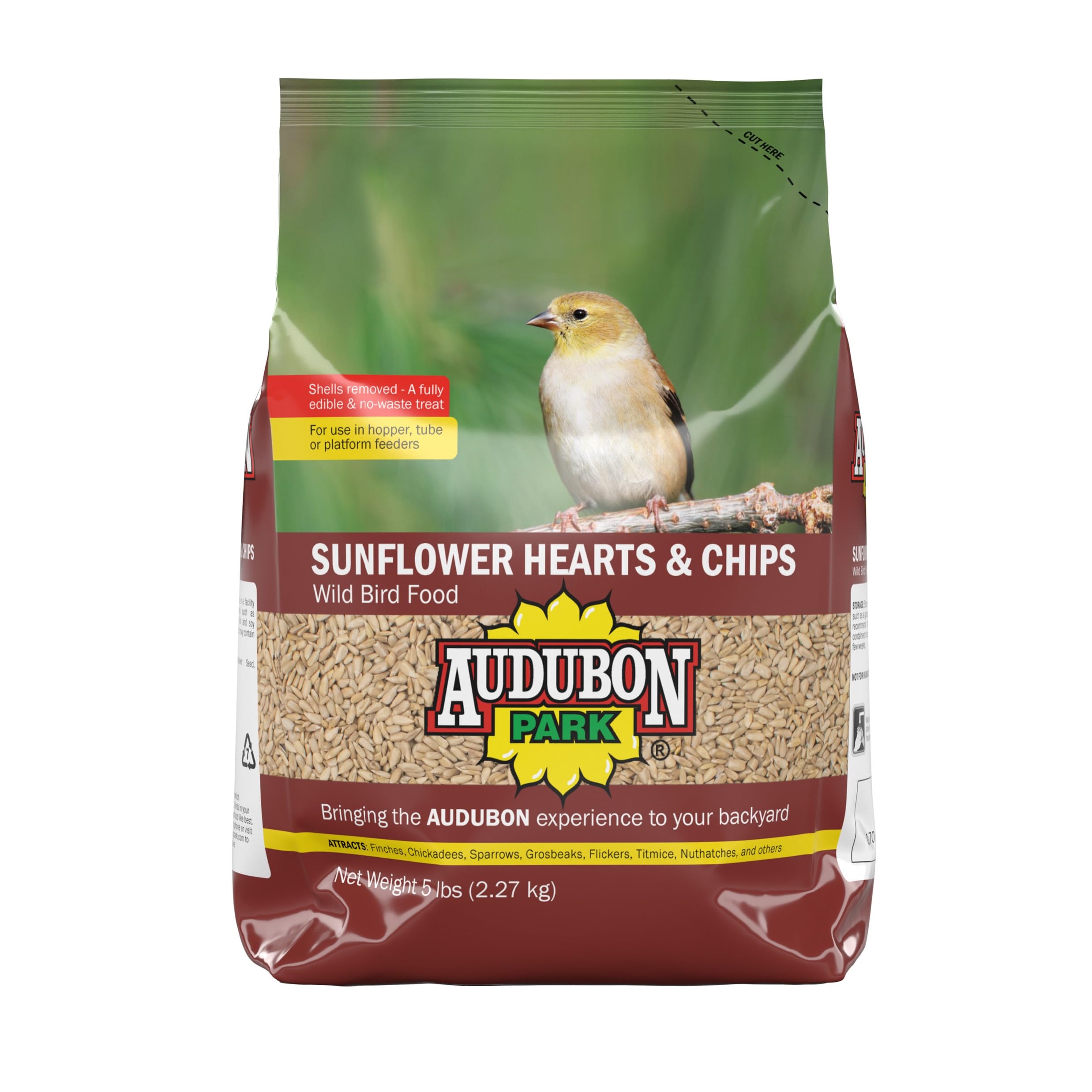 Audubon Park Sunflower Hearts & Chips seed bag poured into a feeder for finches