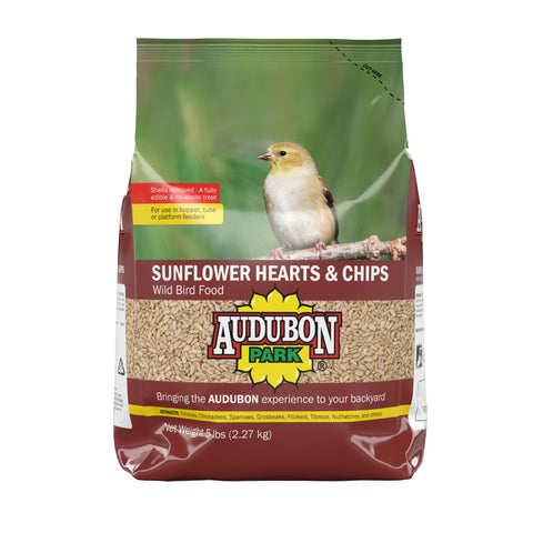 Audubon Park Sunflower Hearts & Chips seed bag poured into a feeder for finches