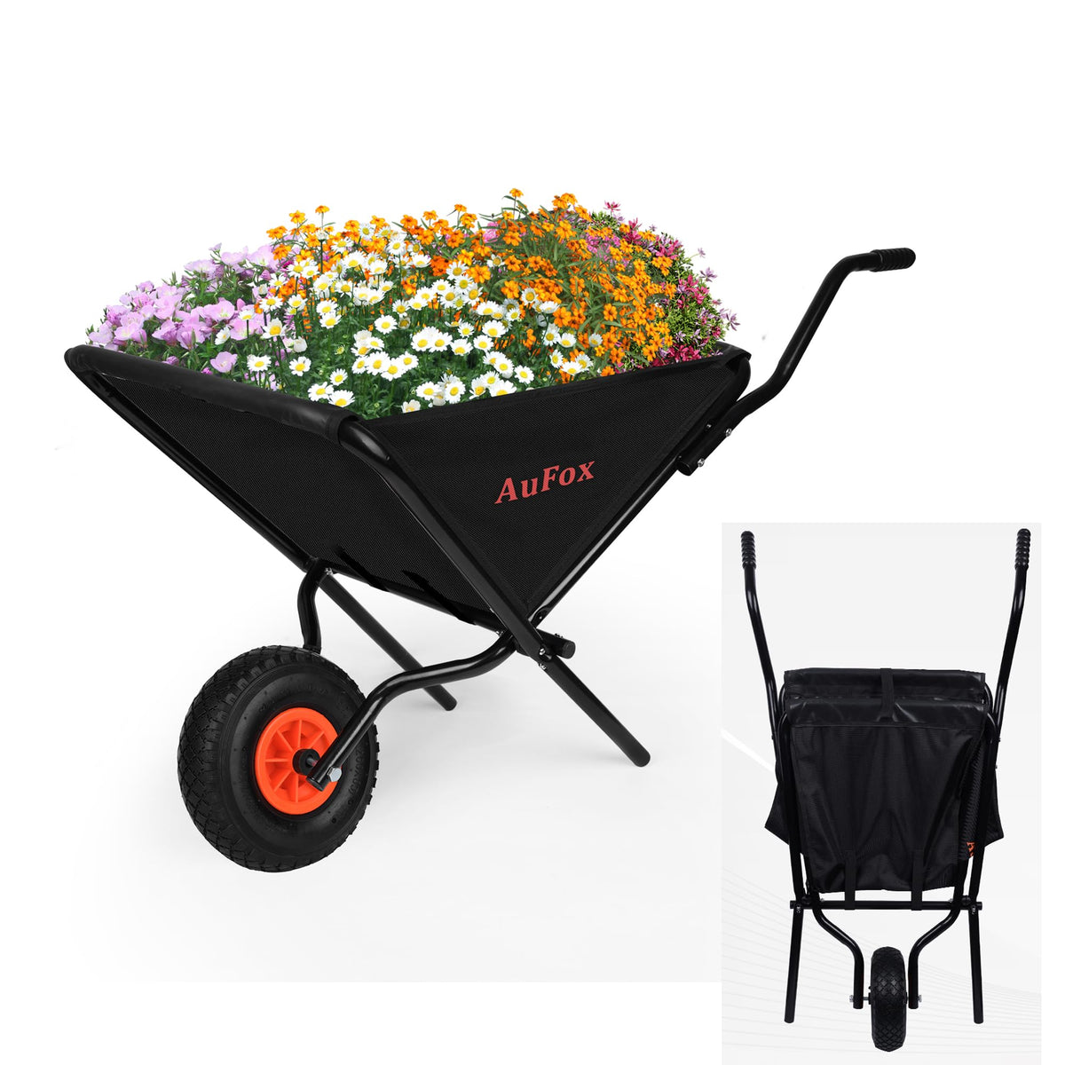 AuFox collapsible wheelbarrow unfolded showing large soil capacity