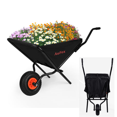 AuFox collapsible wheelbarrow unfolded showing large soil capacity