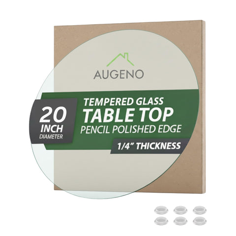 Augeno 20-inch round glass top with pencil edge showcases a refined finish on a table surface.