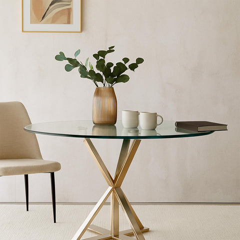 Augeno glass top with six bumper placements enhances stability on a base.