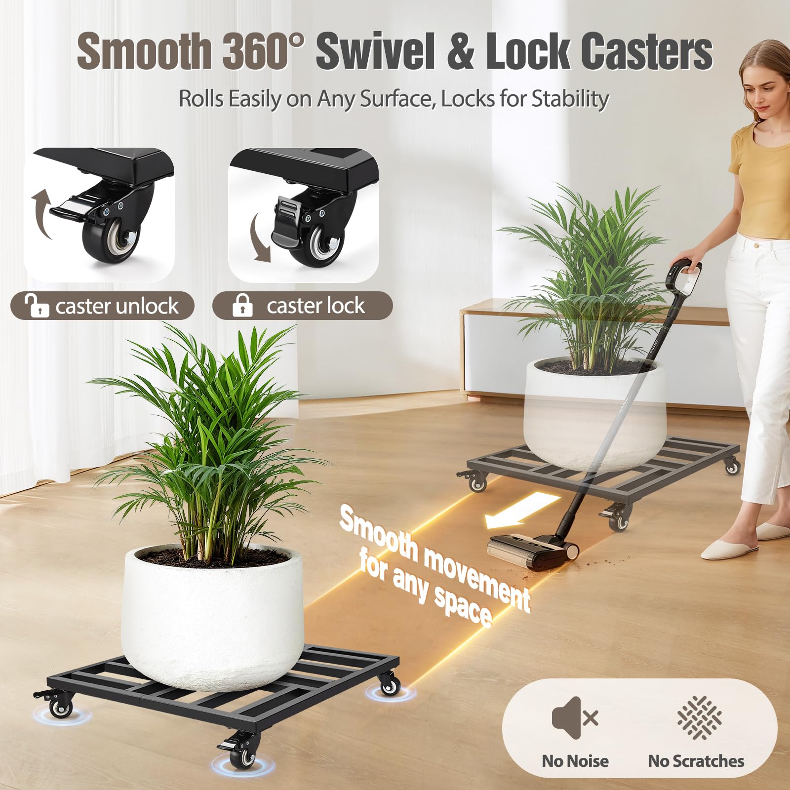 AugFir four swivel casters with locks ensure secure placement on hardwood or tile floors.