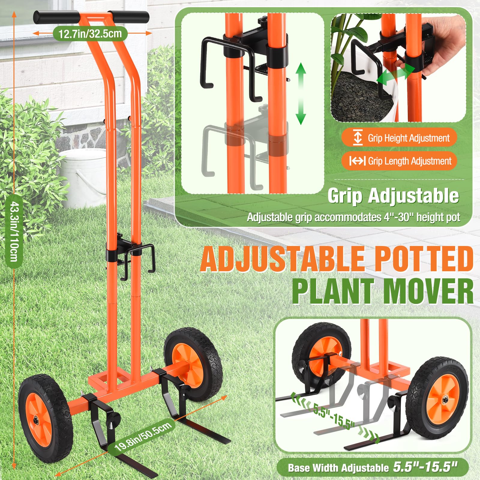 AugFir plant dolly base width adjustment fits multiple pot sizes