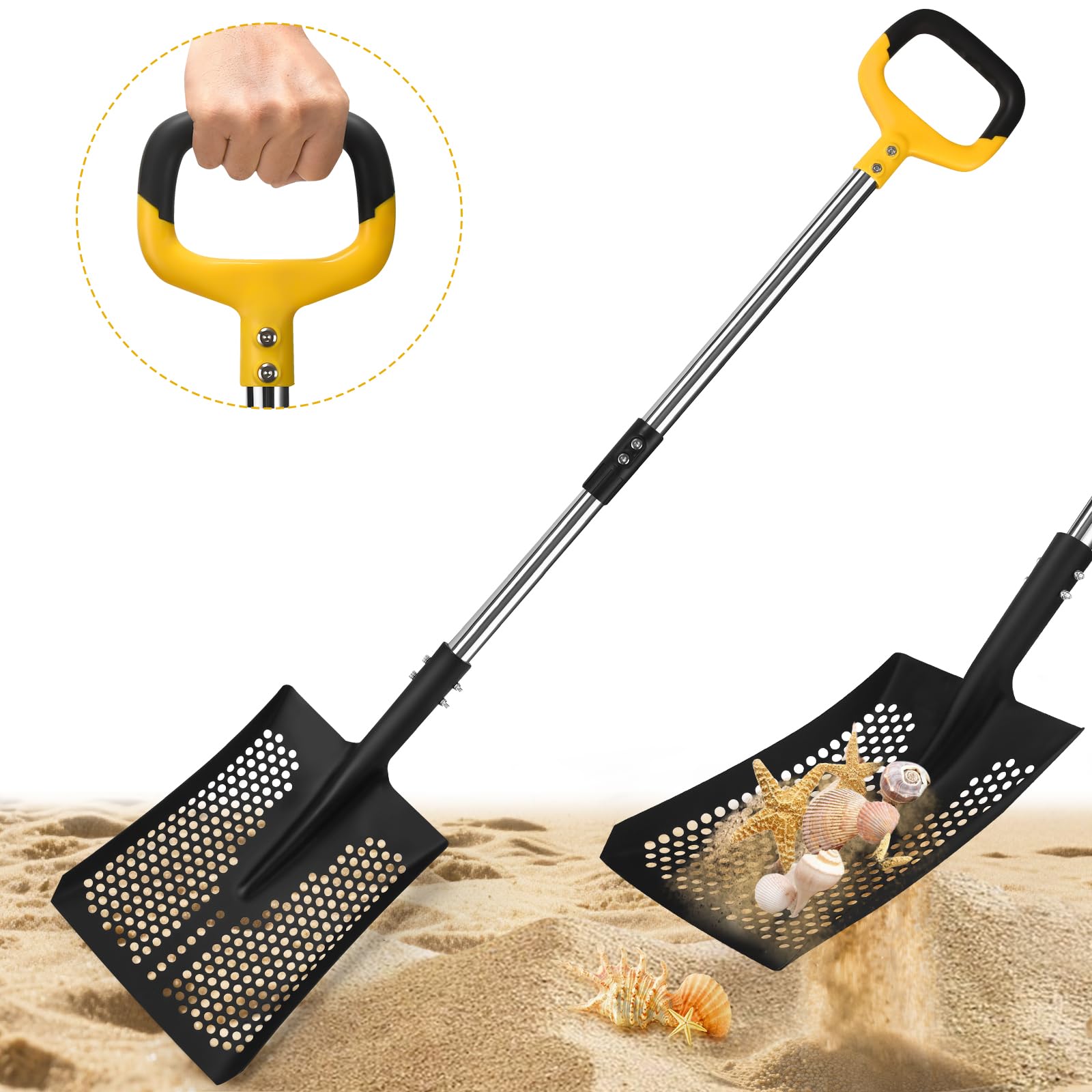 AugFir sand sifter shovel 48-inch in action for beach treasures and shells
