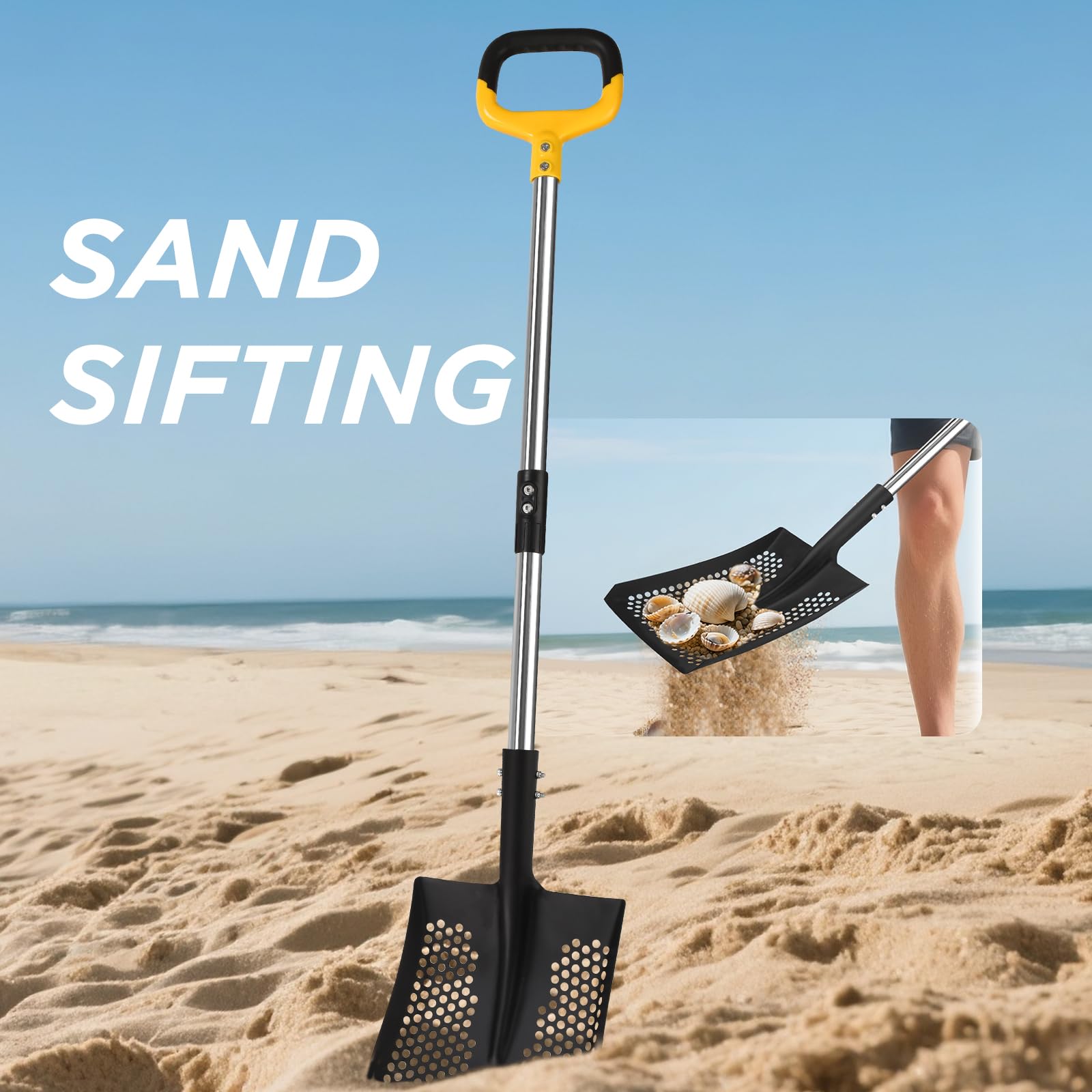 AugFir sand sifter shovel with ergonomic D-handle for a secure grip