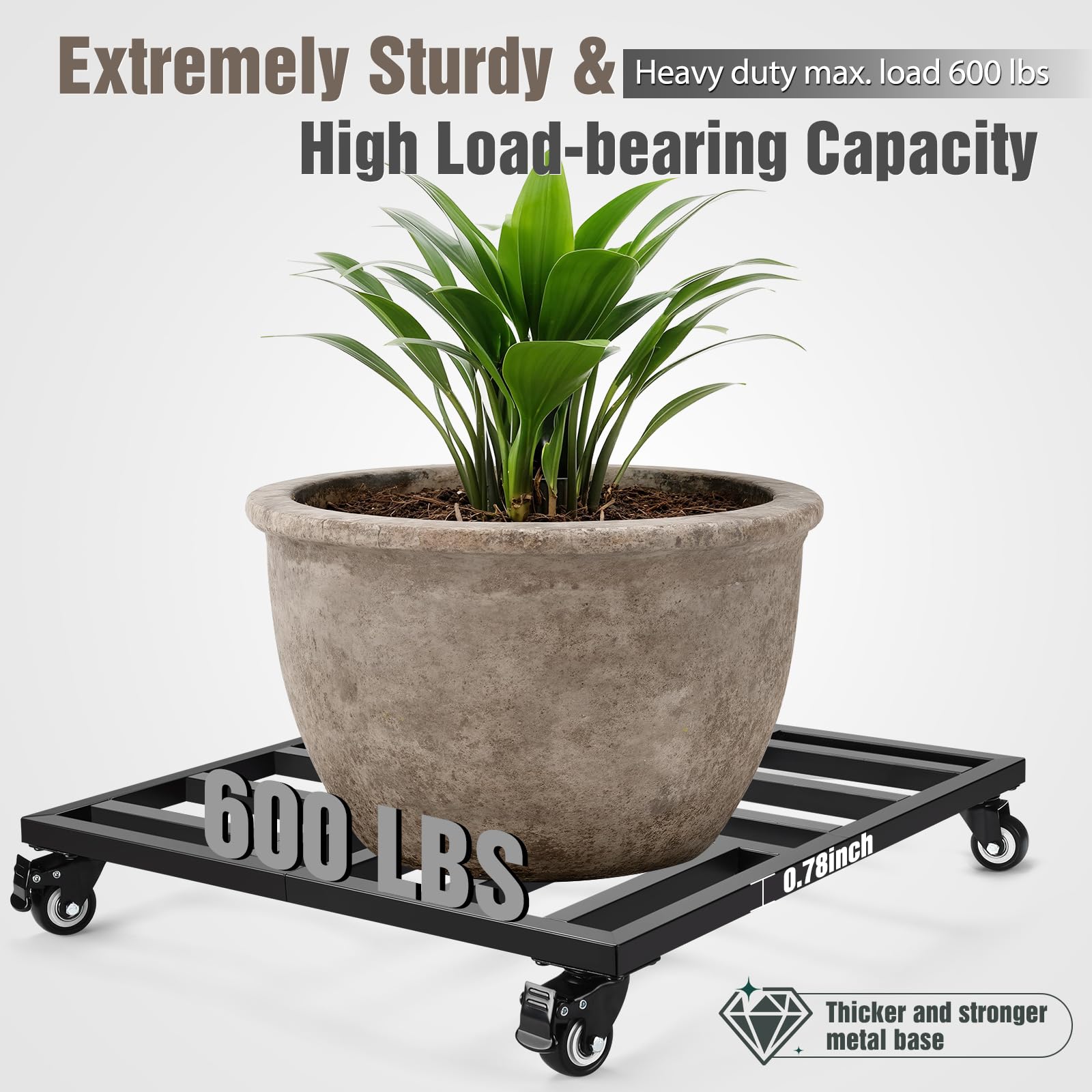 AugFir square metal plant dolly provides sturdy support for heavy planters.