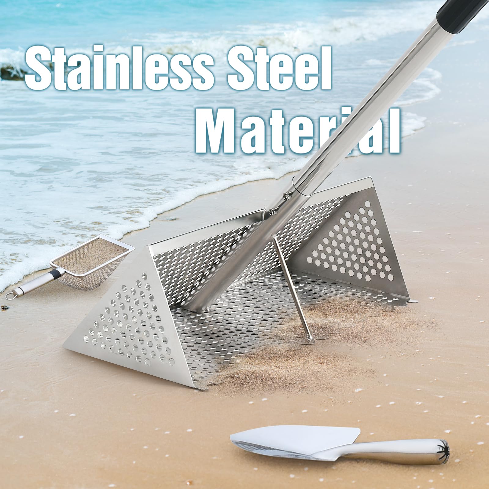 AugFir Stainless steel sand sifter emphasizes durability for repeated beach use.
