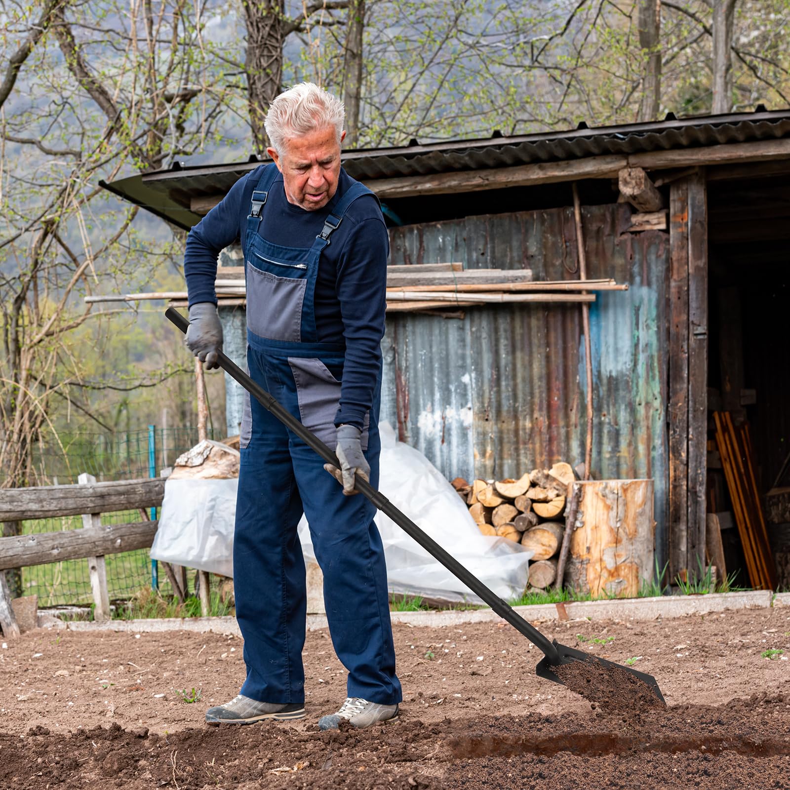 AugFir trench shovel showing 57-inch handle for upright, back-friendly digging.