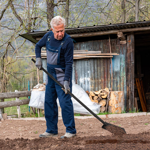 AugFir trench shovel showing 57-inch handle for upright, back-friendly digging.