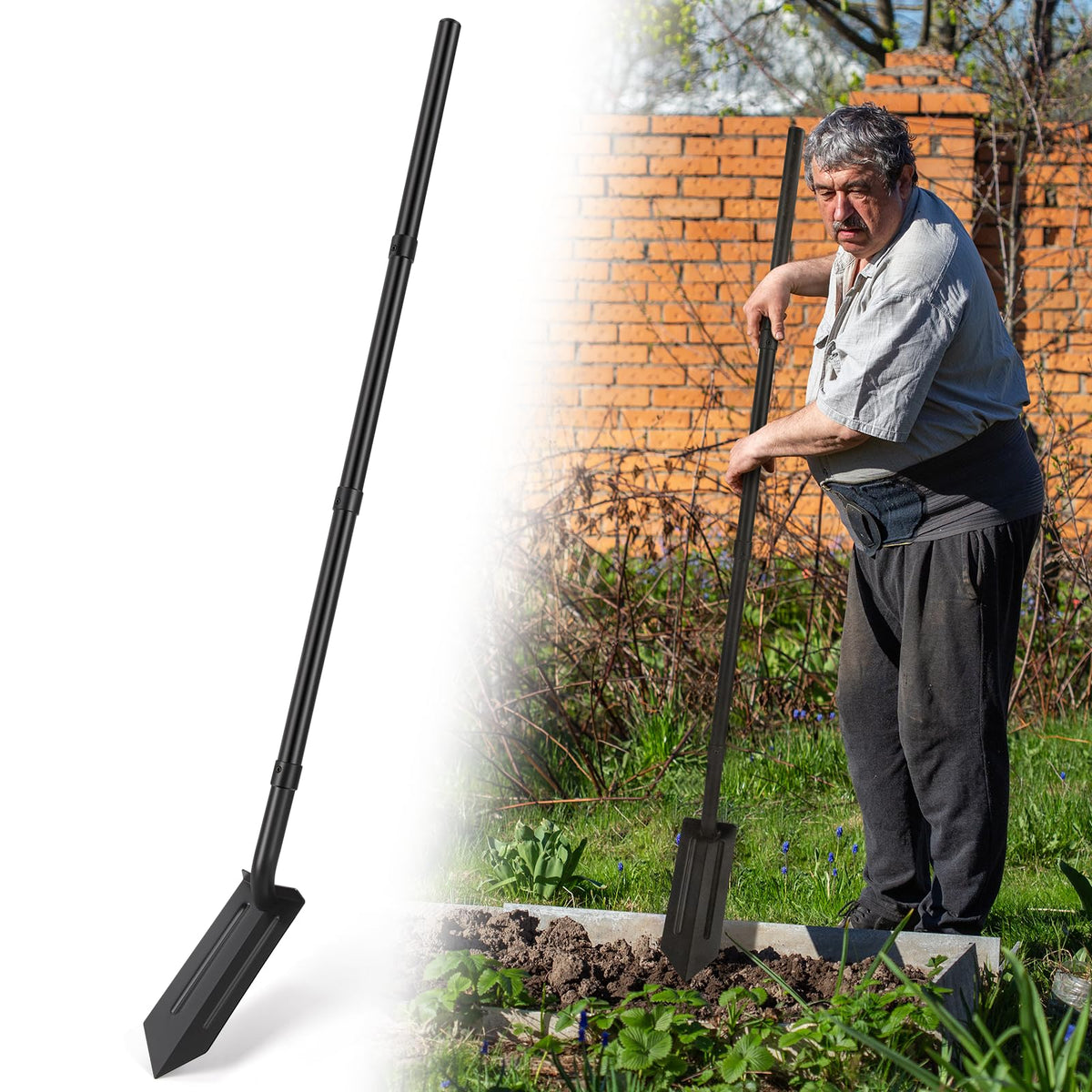 AugFir trench shovel with V-shaped blade enables precise digging in tight spaces.