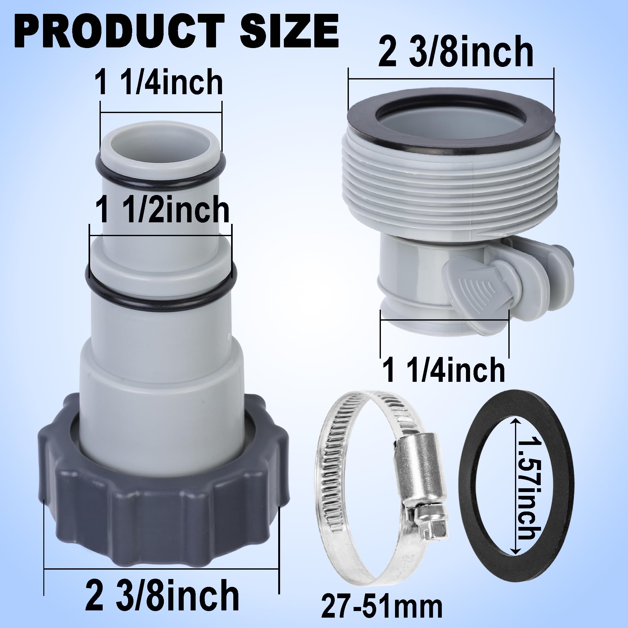 Augisteen B-type hose adapter for 2 3/8 in female threads enables 1.25 in hose connections.