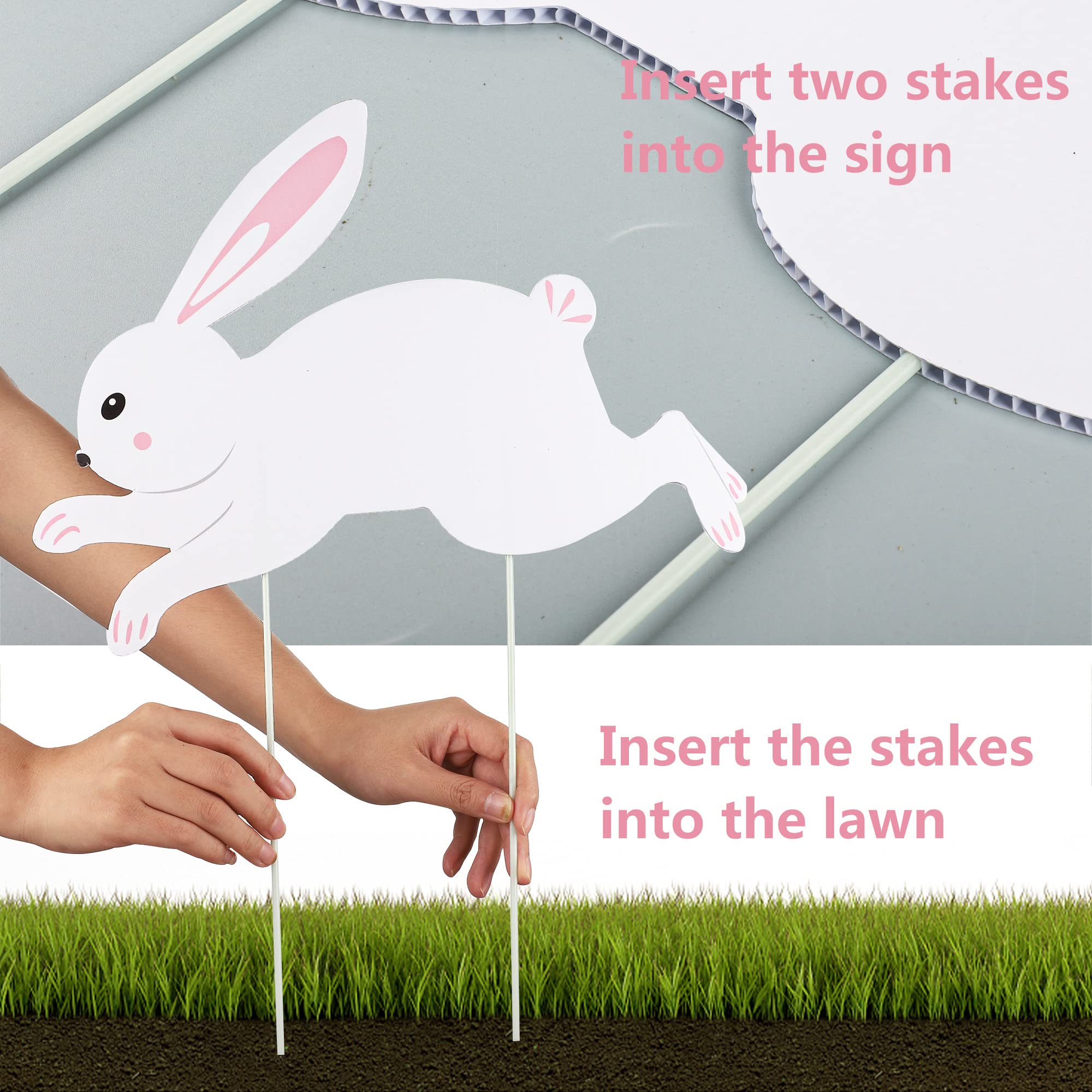 Augisteen Easter bunny yard sign dazed pose offers whimsical spring display.
