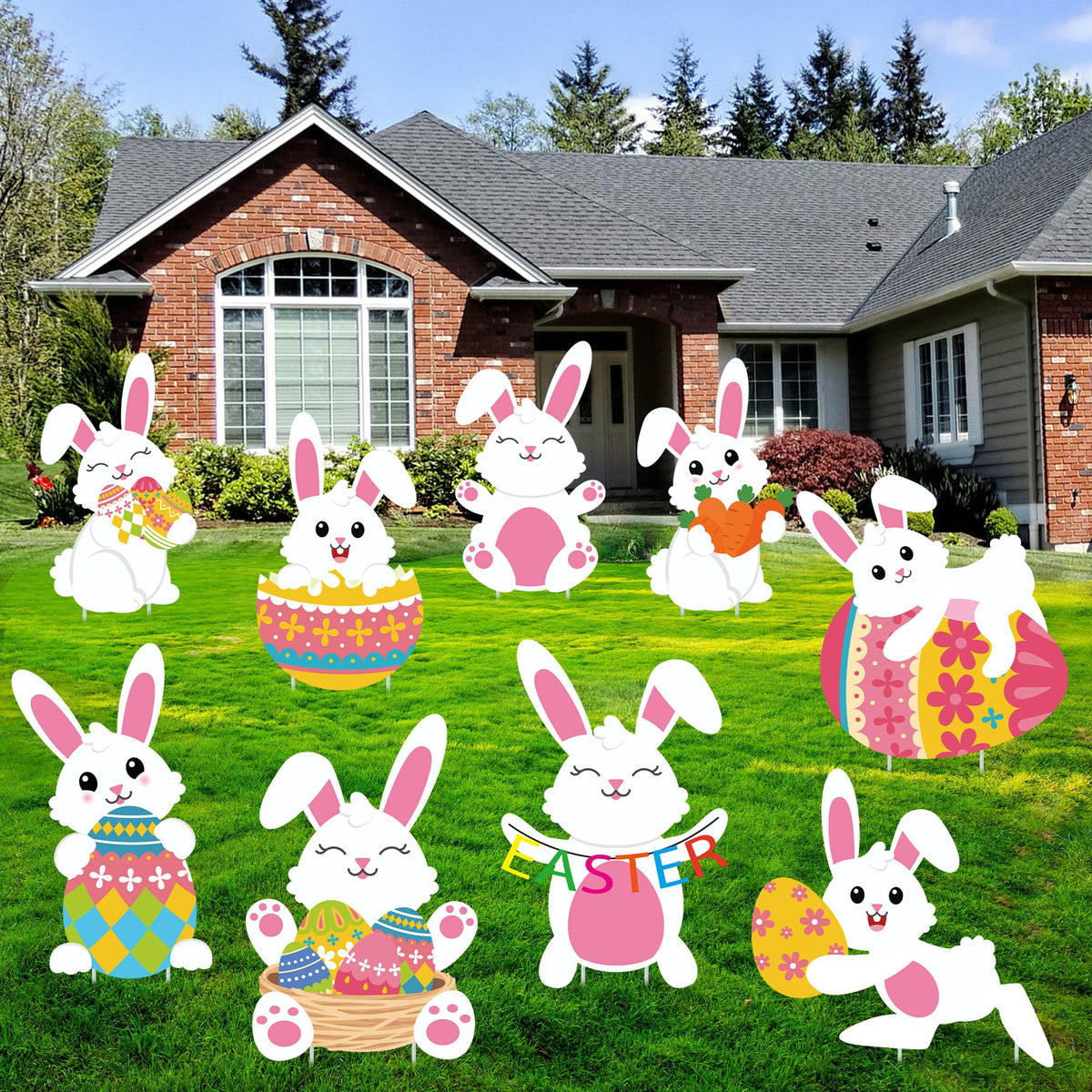 Augisteen Easter bunny yard sign with stakes ready for outdoor display.