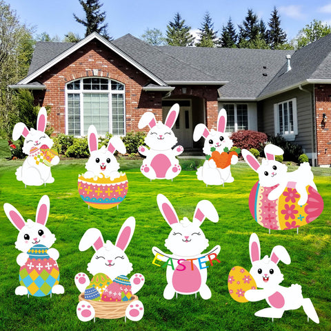 Augisteen Easter bunny yard sign with stakes ready for outdoor display.