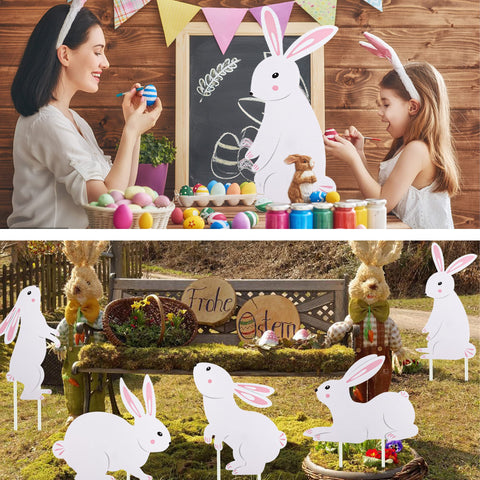 Augisteen Easter yard sign white with pink ears brightens pots.