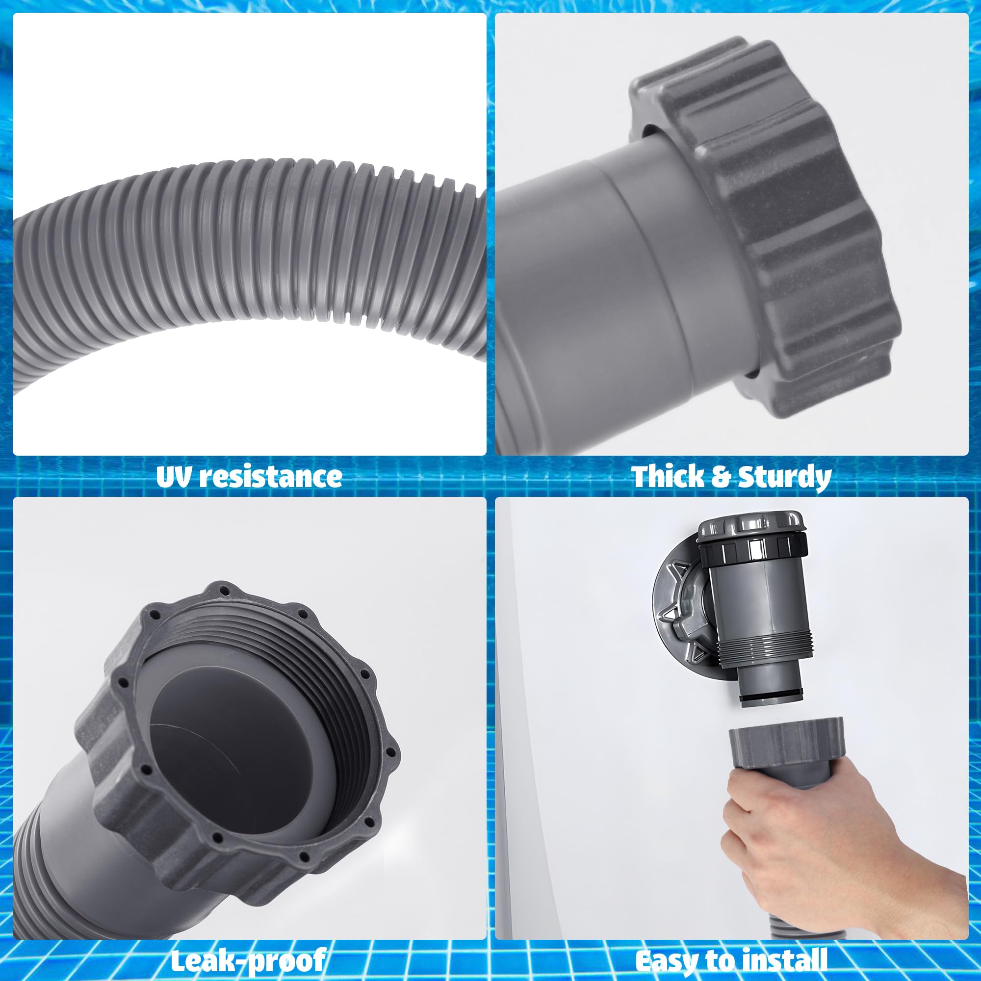 Augisteen grey pool hose ready for Intex pump setup.