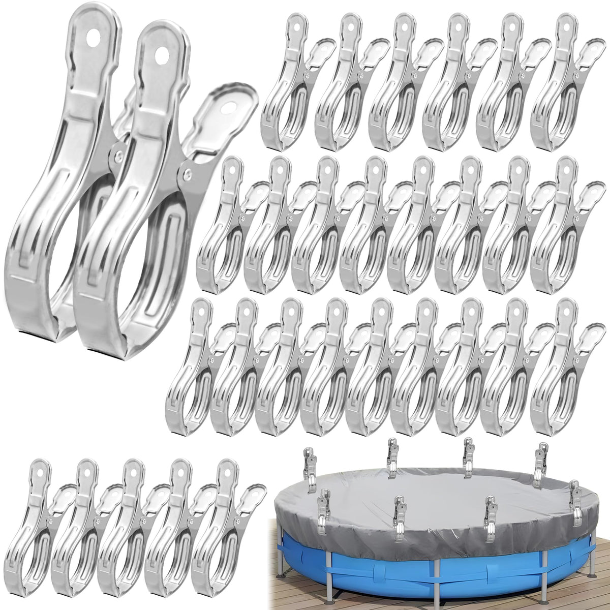 Augisteen pool cover clips in stainless steel provide secure wind protection for above-ground pools.