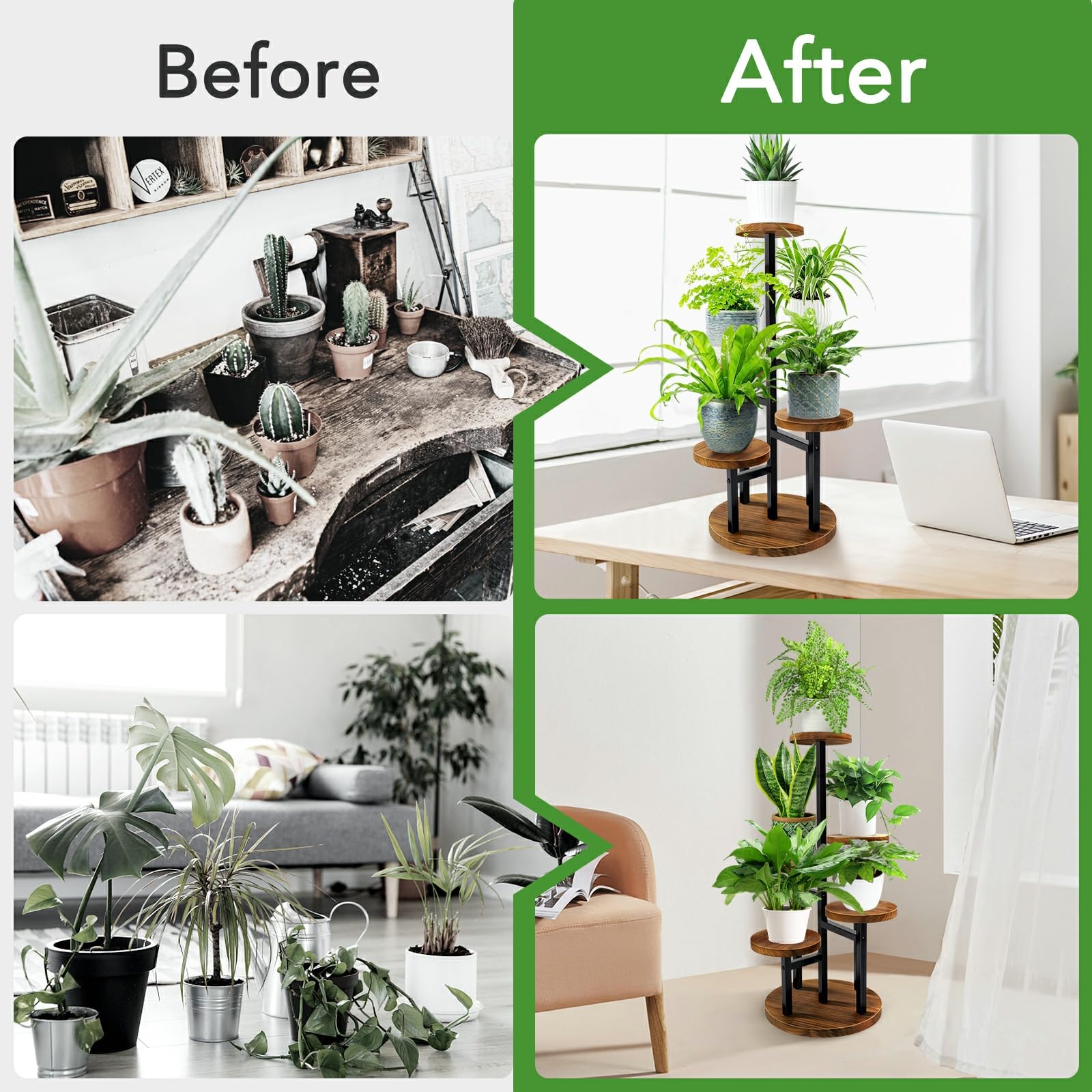 AUGOSTA plant stand showing wood and iron combo on a living room shelf.