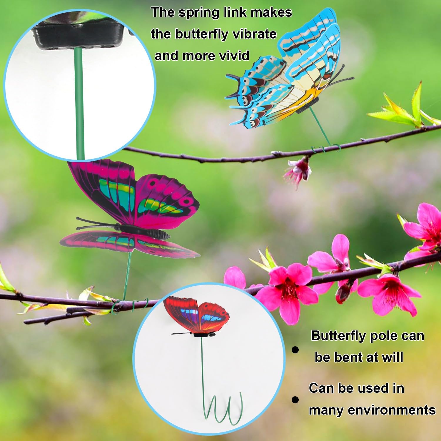 Augshy butterfly stakes attached to garden branches sway in the breeze.