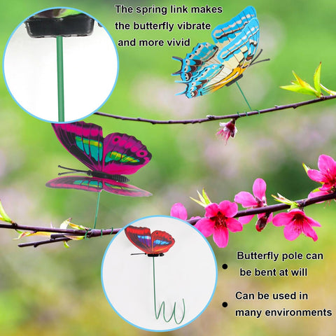 Augshy butterfly stakes attached to garden branches sway in the breeze.