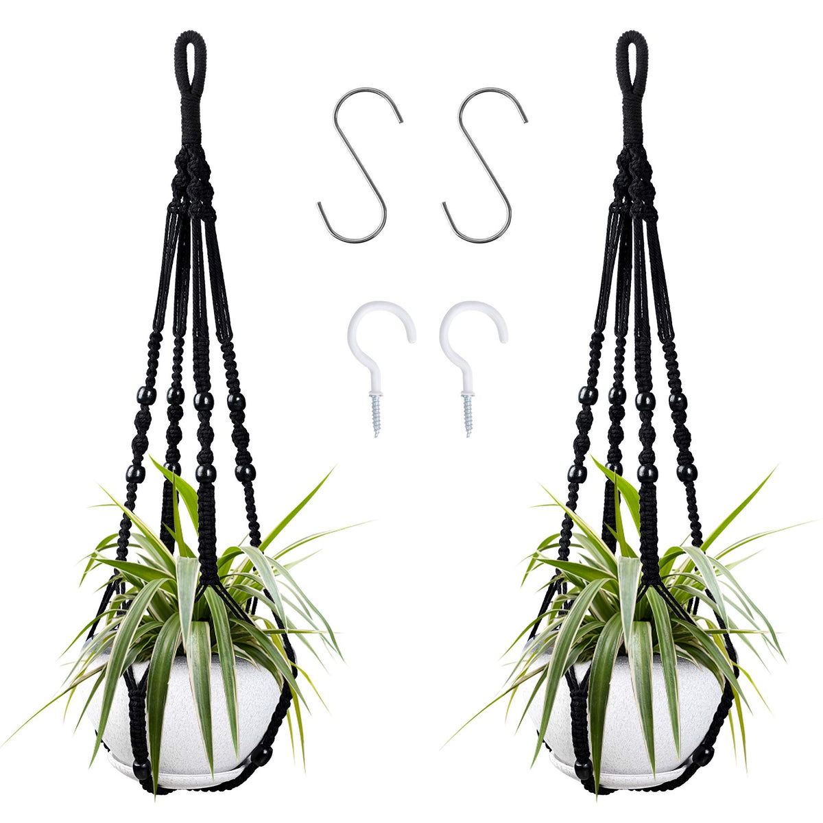 Augshy macrame hanging planter 2-pack main view showing indoor and outdoor versatility