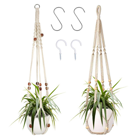 Augshy macrame plant hanger 2-pack with wood beads adds warm indoor greenery.