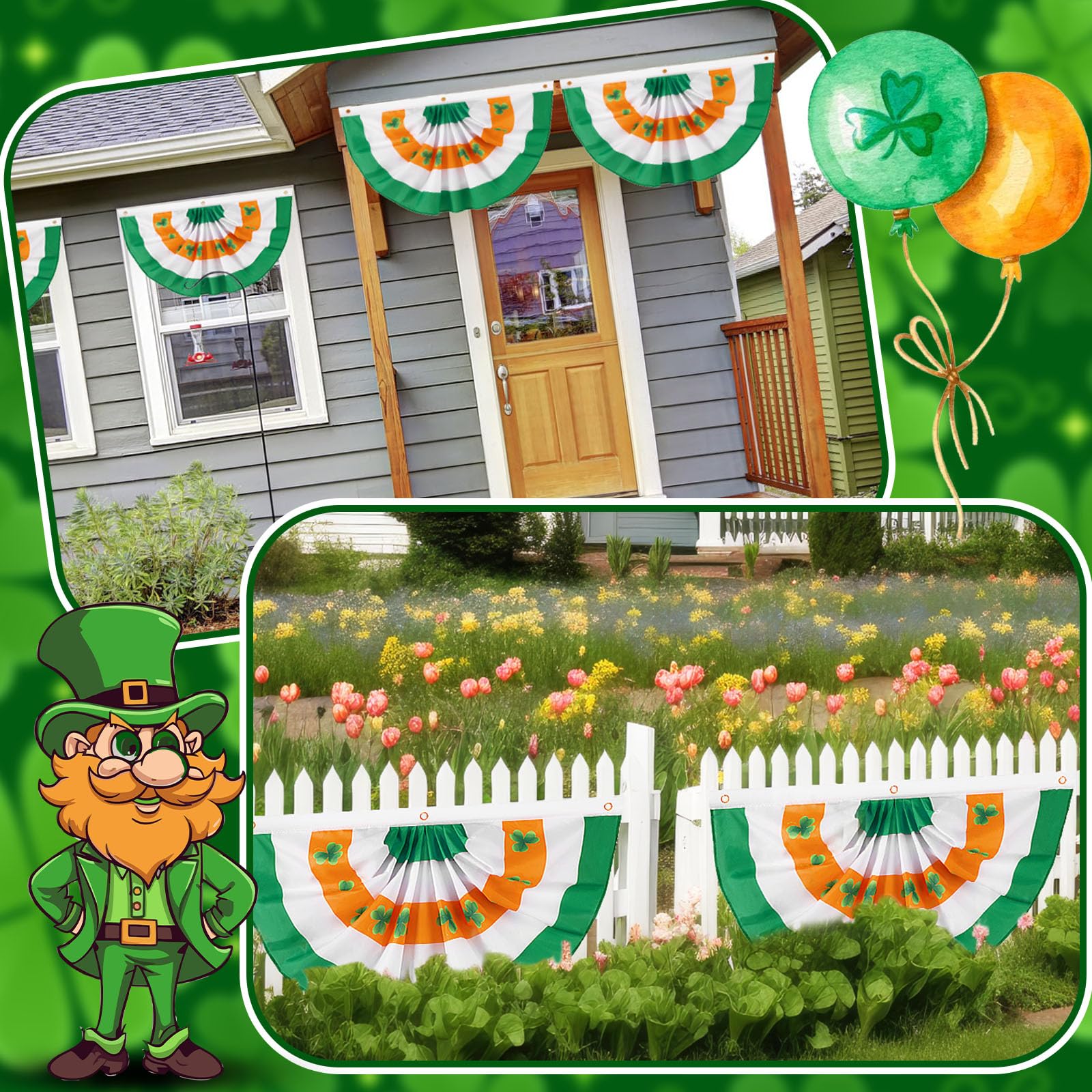 Bright green, white, and gold shamrock design captures authentic St. Patrick's vibes.