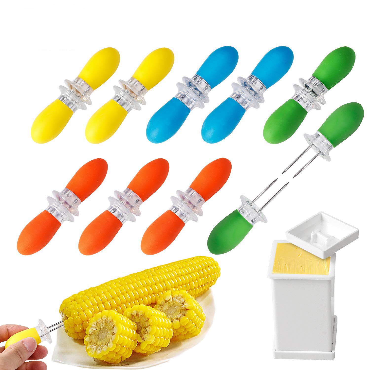 Augsun 18-pcs stainless steel corn cob holders with silicone grips for comfortable, clean eating.