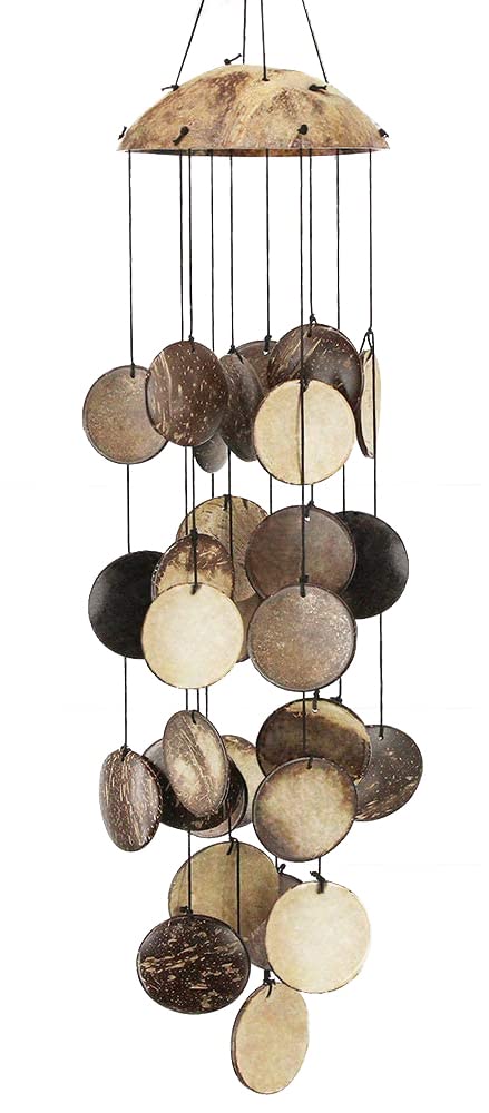 AUHD coconut-shell wind chimes top-view highlighting natural wood top for outdoor ambiance.