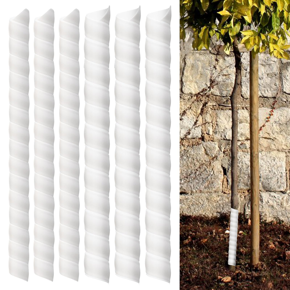 Aukney spiral tree trunk protector wrap in white shielding saplings from wildlife