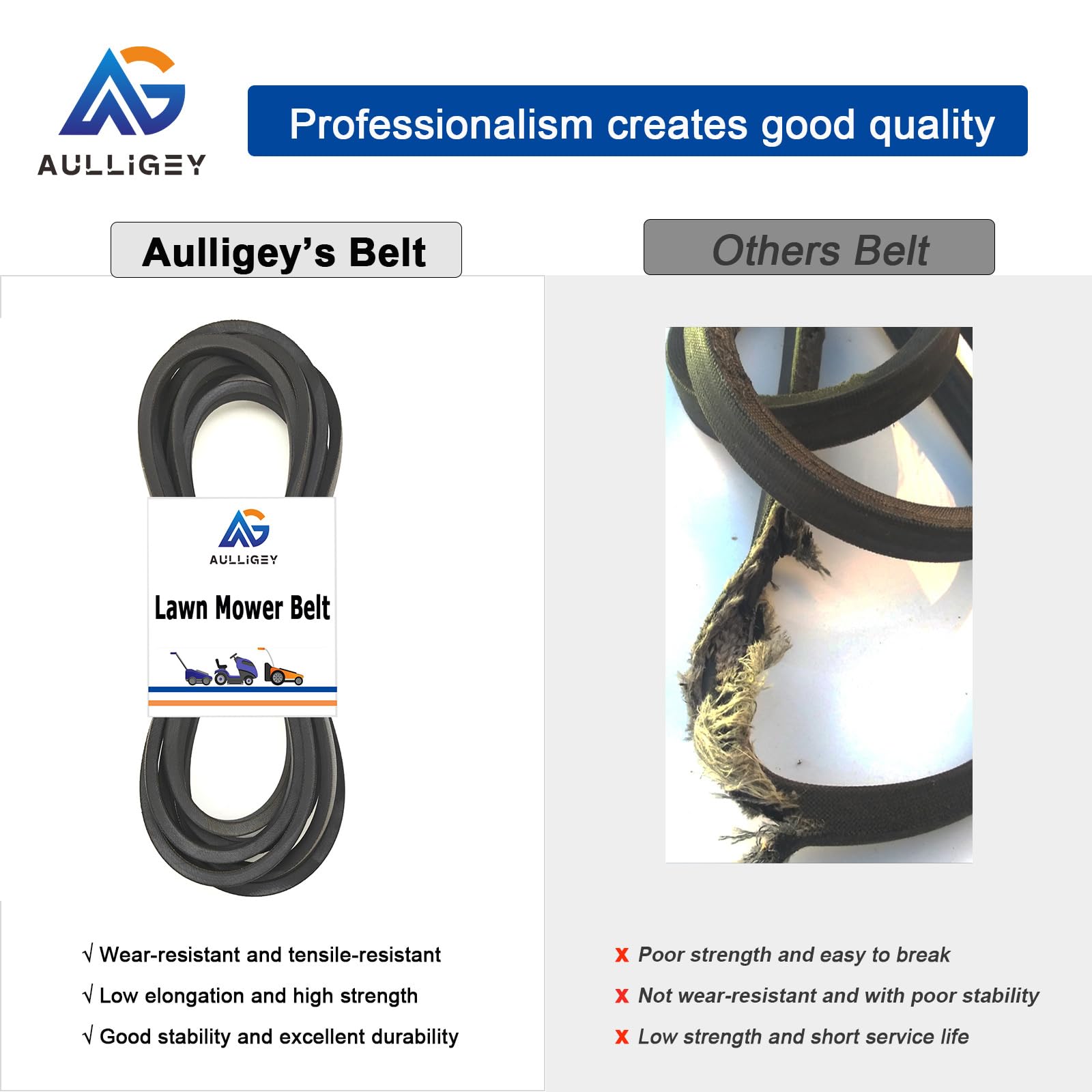 Aulligey belt cross-section highlights reinforced thread and flexible design.
