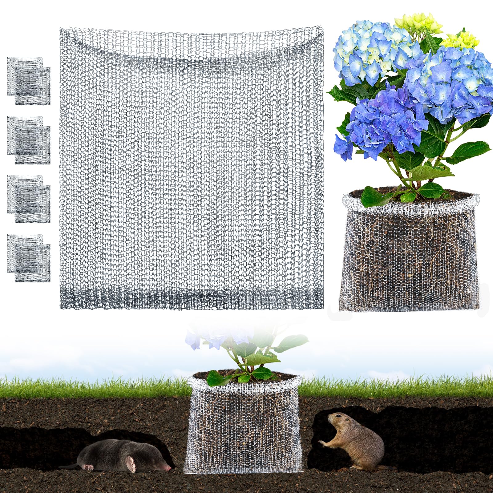 Aulock 5-gallon root protector basket in side view guarding roots from burrowing pests.