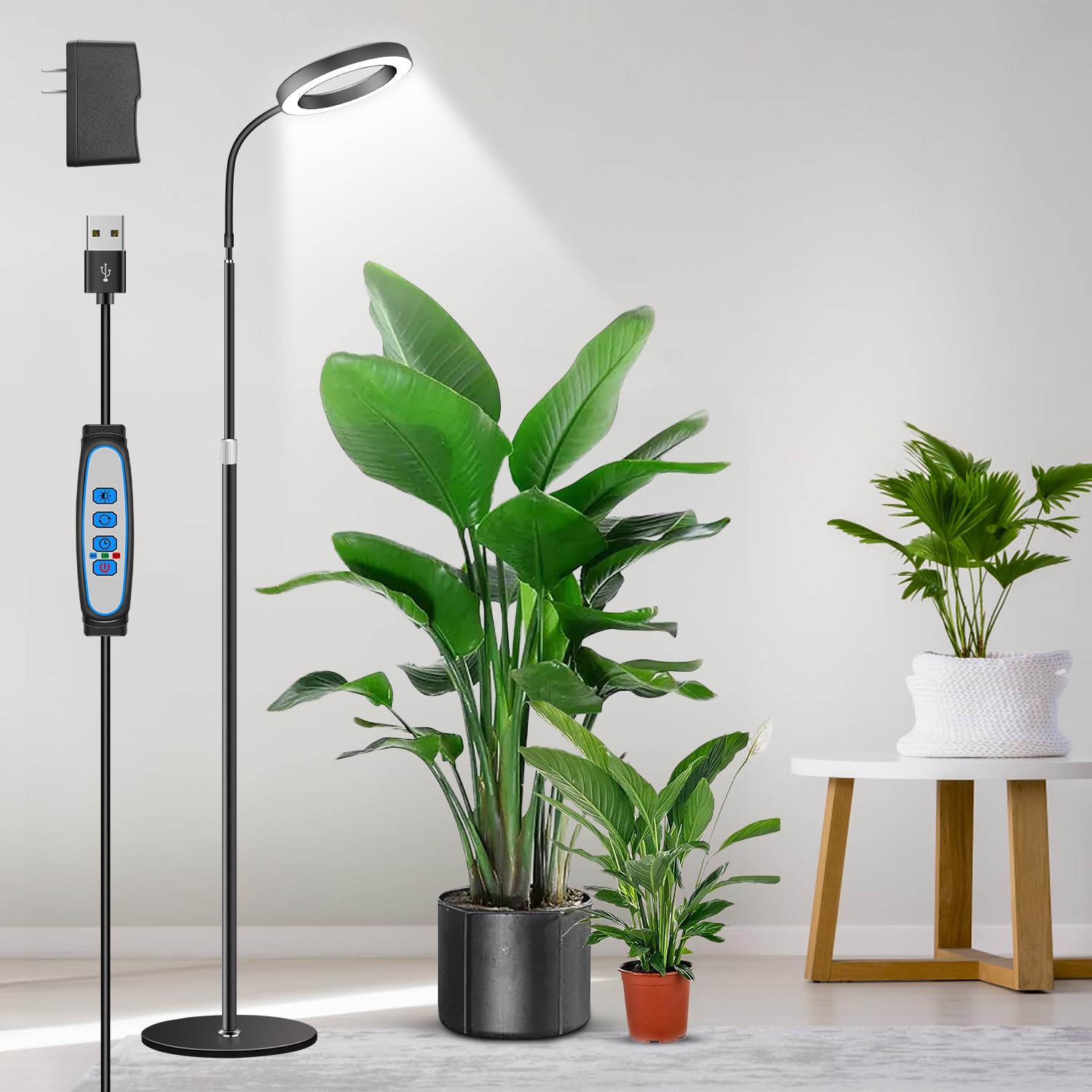 Aumtrly Grow Light on a sturdy floor-standing stand illuminating tall indoor plants