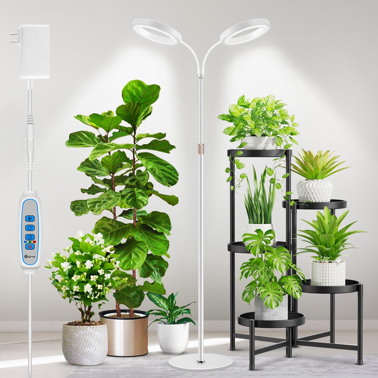 Aumtrly two-head floor grow light provides broad indoor coverage.