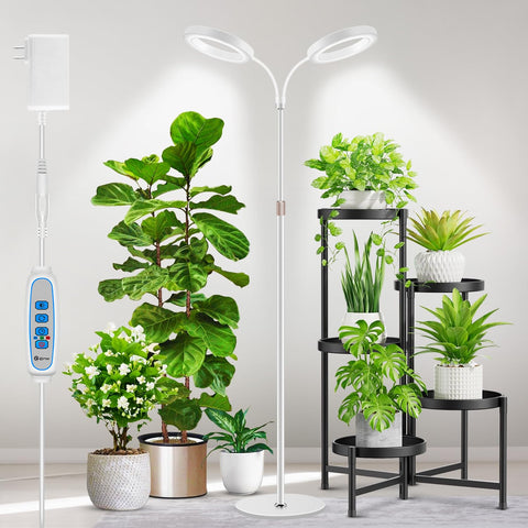 Aumtrly two-head floor grow light provides broad indoor coverage.
