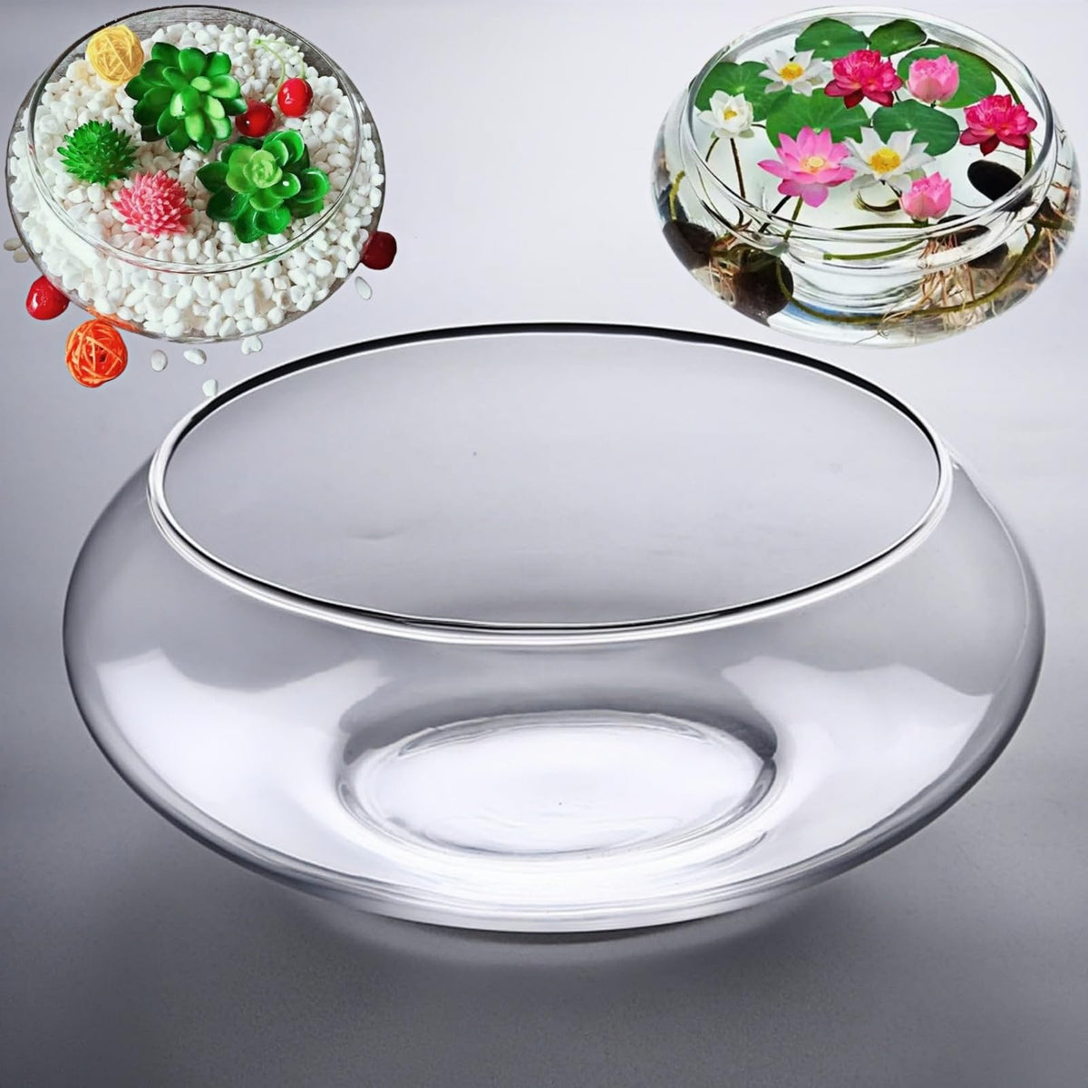 Aunosit glass lotus bowl 8inch shown as a clear centerpiece for water plants