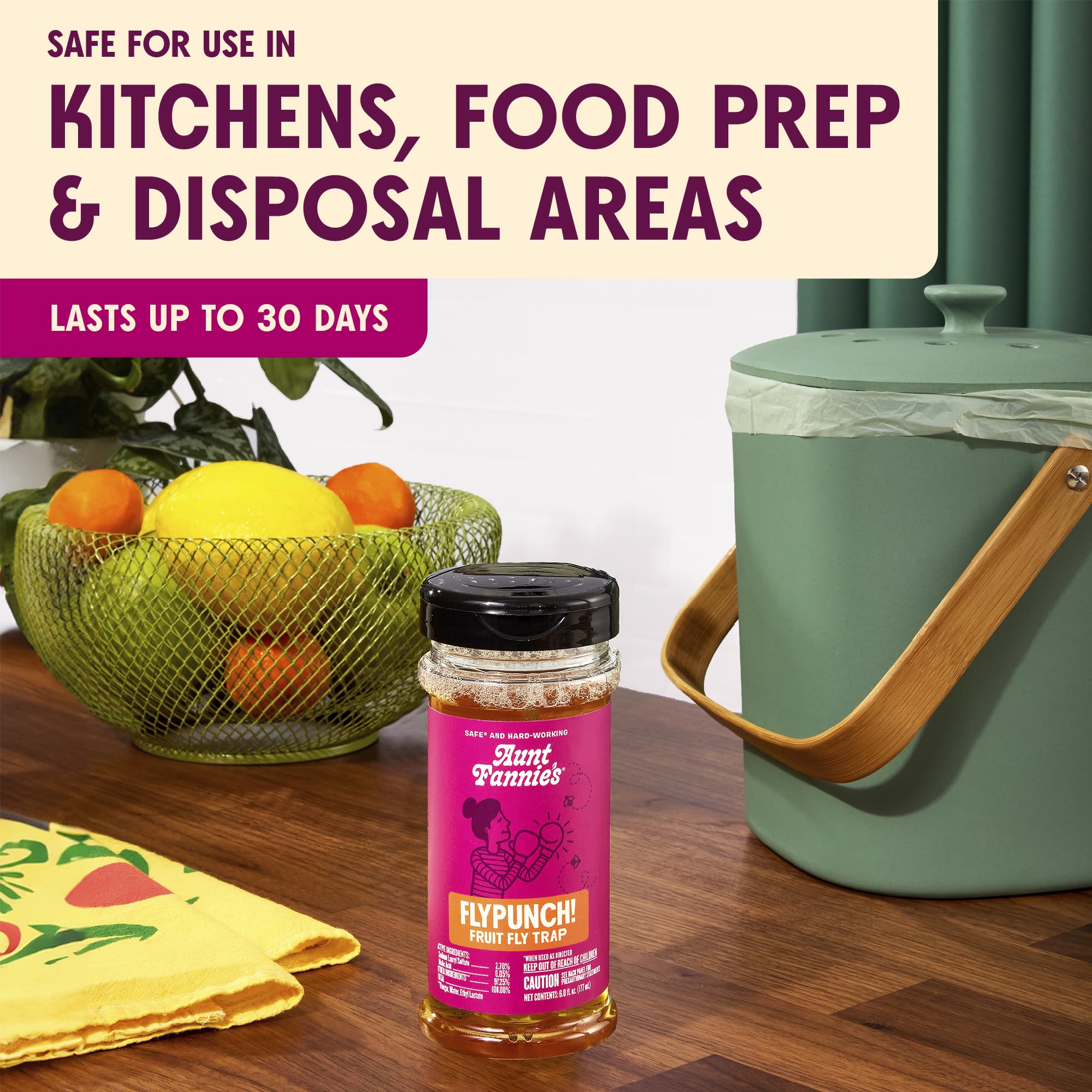 Aunt Fannie's FlyPunch label highlights plant-based ingredients for safe indoor use.