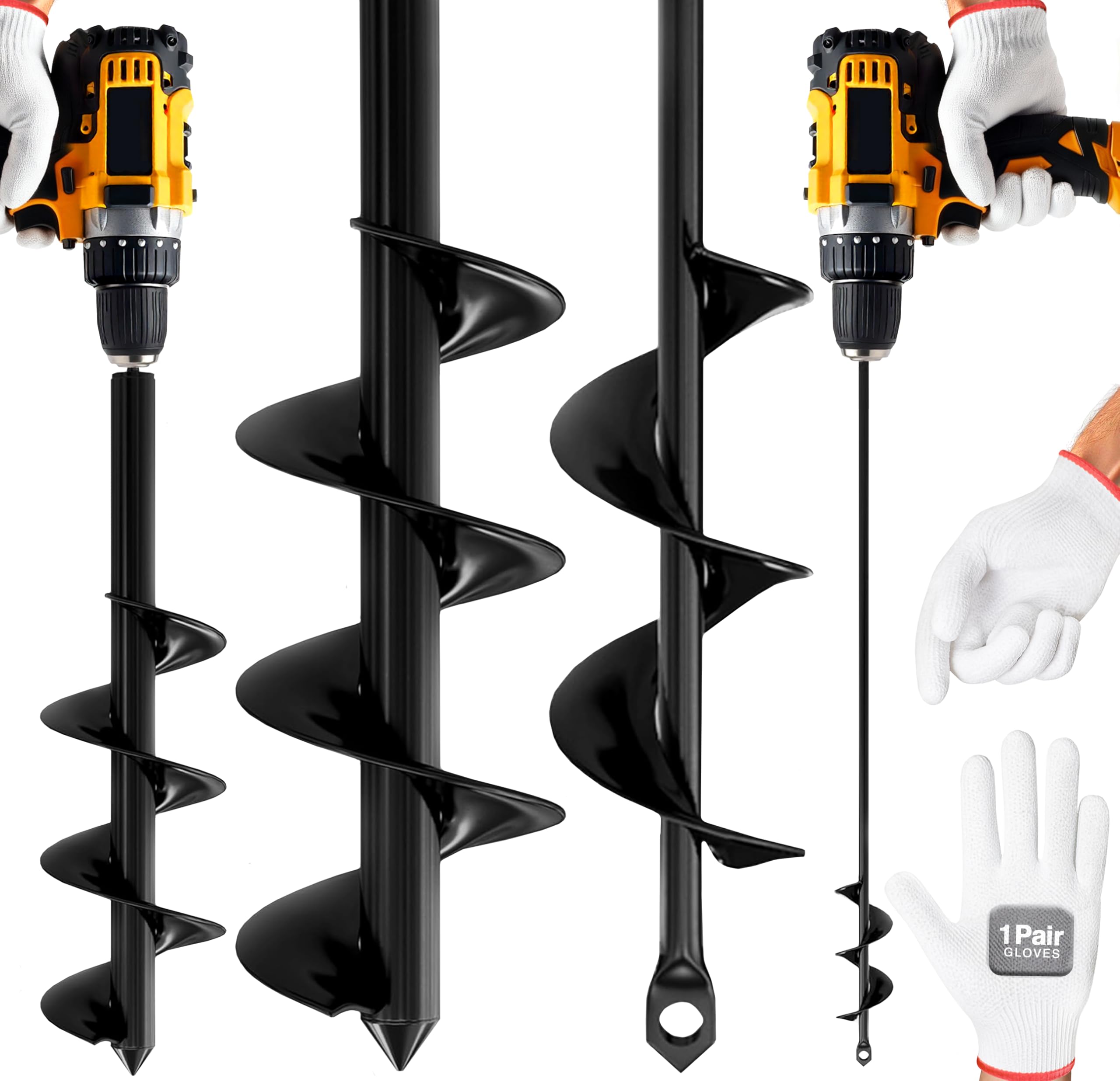 Auntr 2 pack auger drill bits with gloves ready for quick planting tasks.