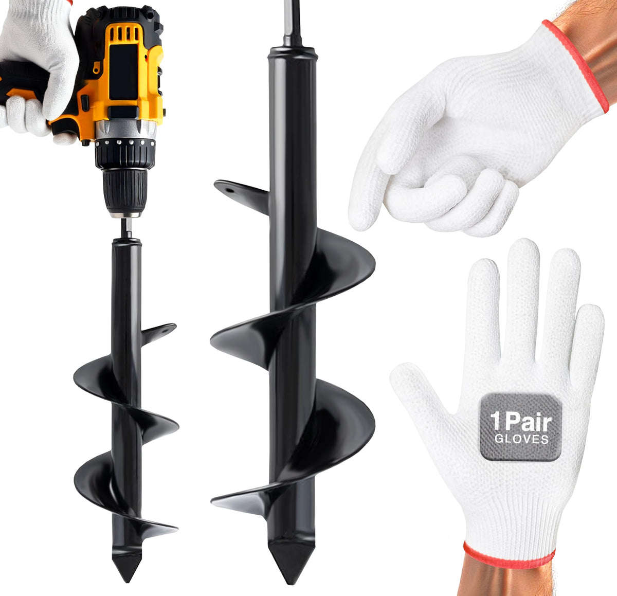 Auntr auger drill bit with gloves ready for fast planting.