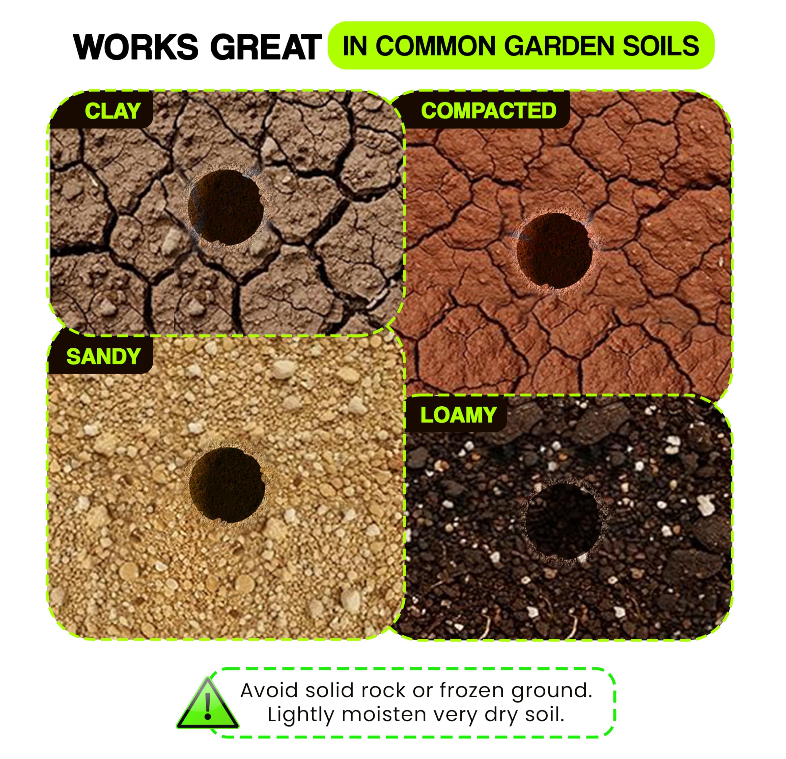 Auntr reinforced spiral design digs smoothly in various soils.