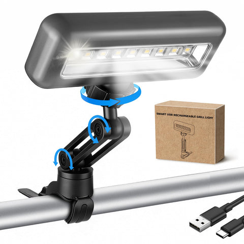 AuntyFey grill light mounted on a grill showing 360° illumination for night cooking