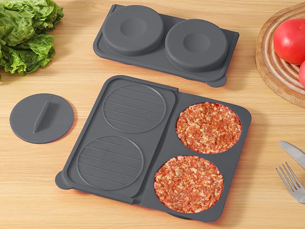 AUOON hamburger press 4-cavity shows four uniform patties ready to grill.