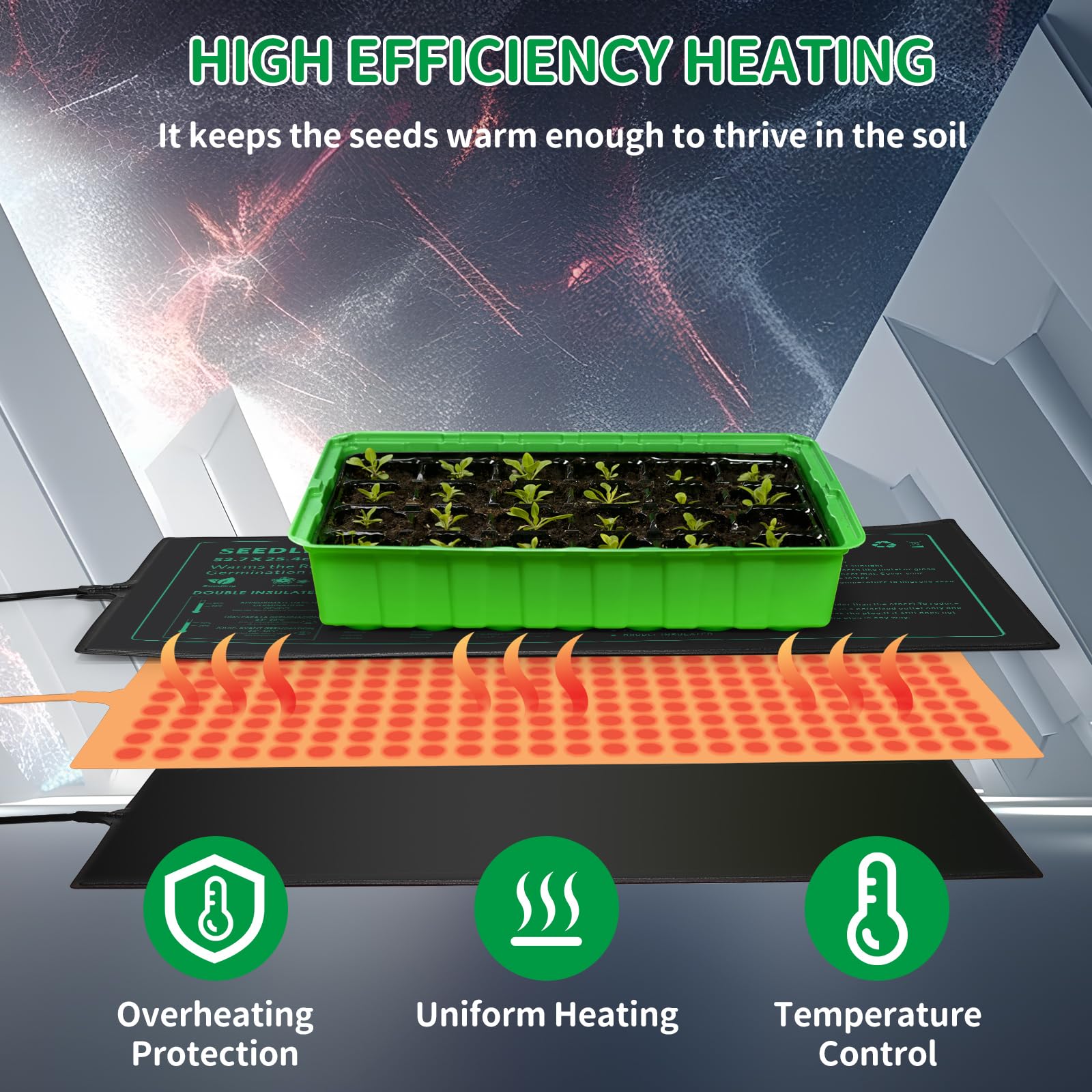 AUPETEK heat mat under seed trays in an indoor garden setup.