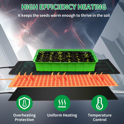 AUPETEK heat mat under seed trays in an indoor garden setup.