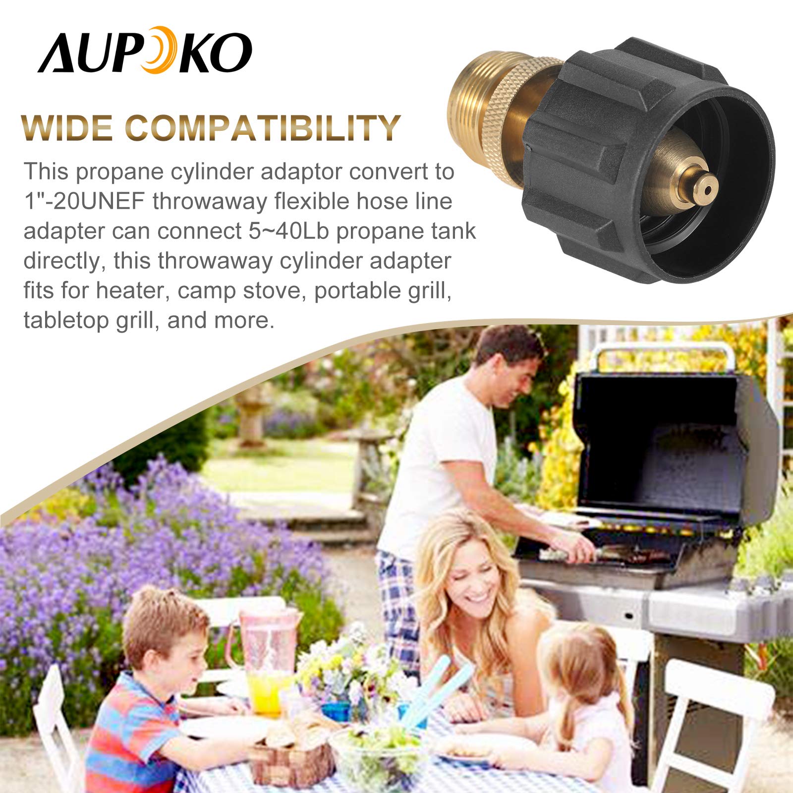 Aupoko regulator adapter highlights 1lb to 20lb linkage for camping stoves.