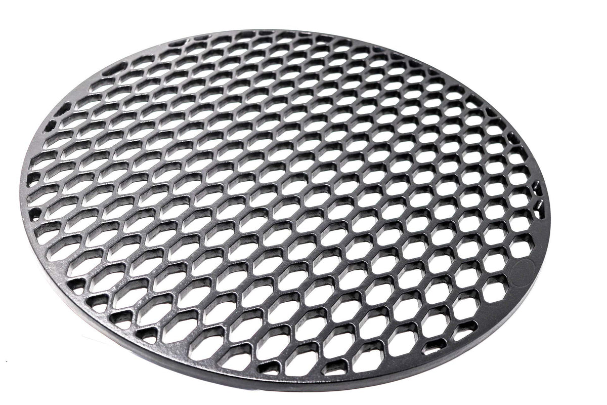 Aura outdoor products cast iron grill grate delivers bold sear marks on burgers.