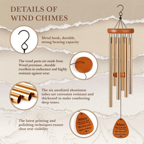 Aurahouse Mimi wind chime aluminum metal with natural pine wood for lasting sound