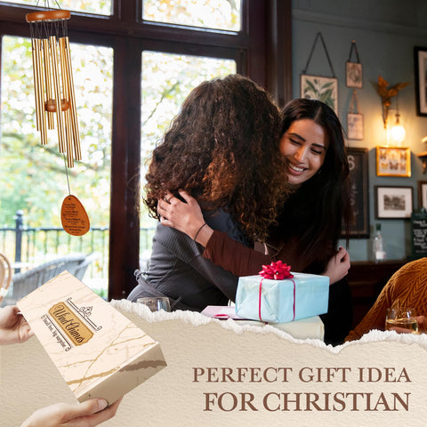 Aurahouse wind chime in garden setting creates a calming, faith-inspired outdoor ambiance.