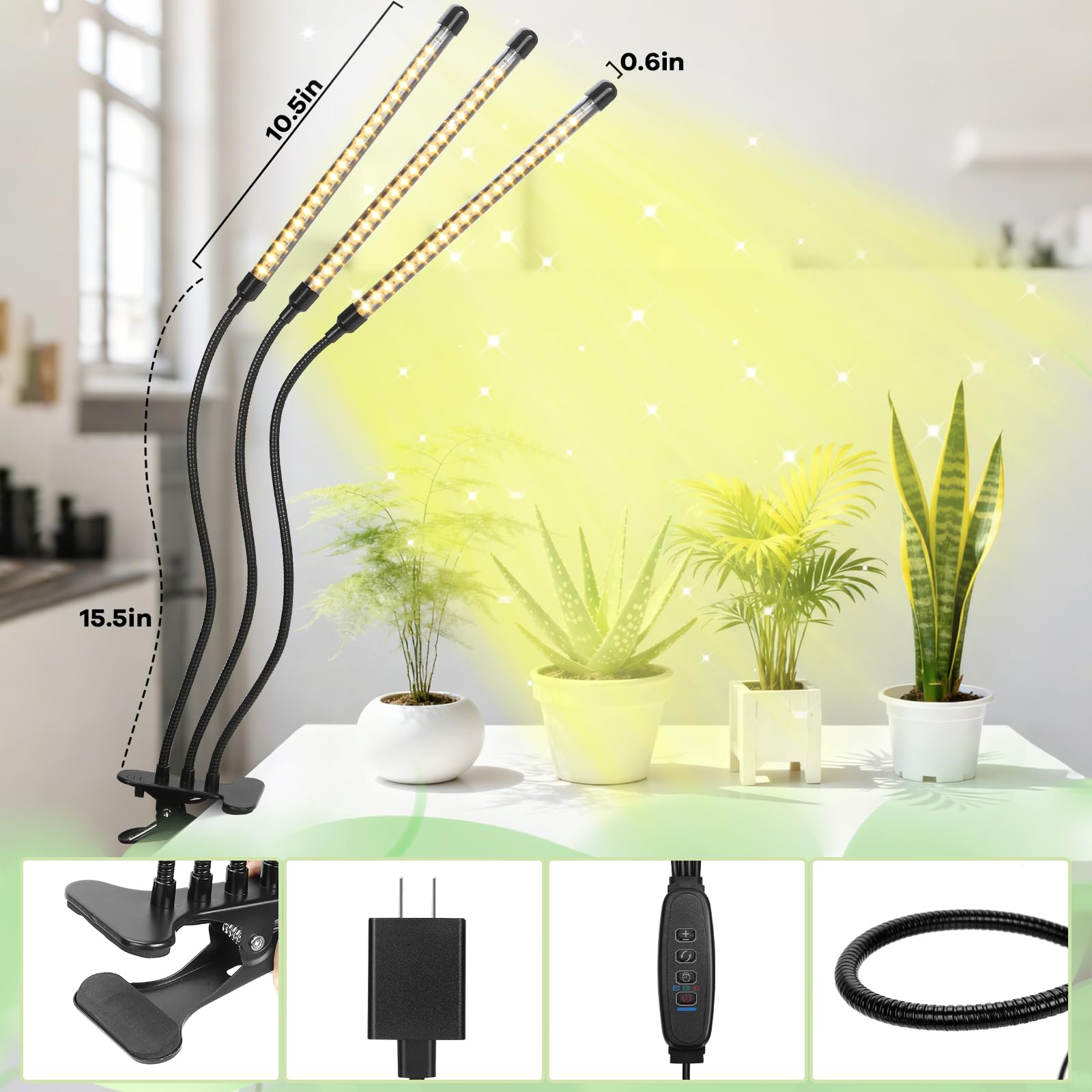 AURAZIGLI three-heads grow light offers even coverage for seed starting and seedlings